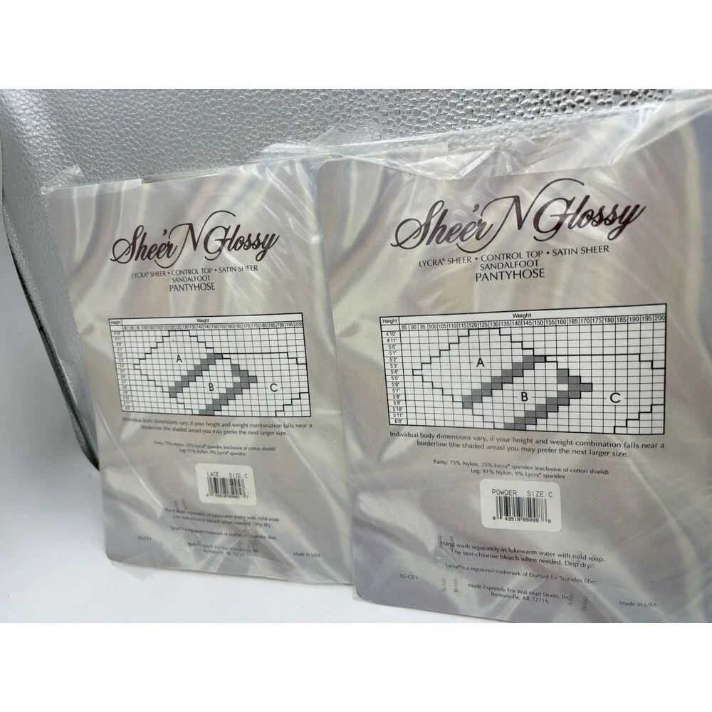 Vintage Sheer N Glossy Pantyhose Lot 2 Size C Control Top Lace Powder NOS USA